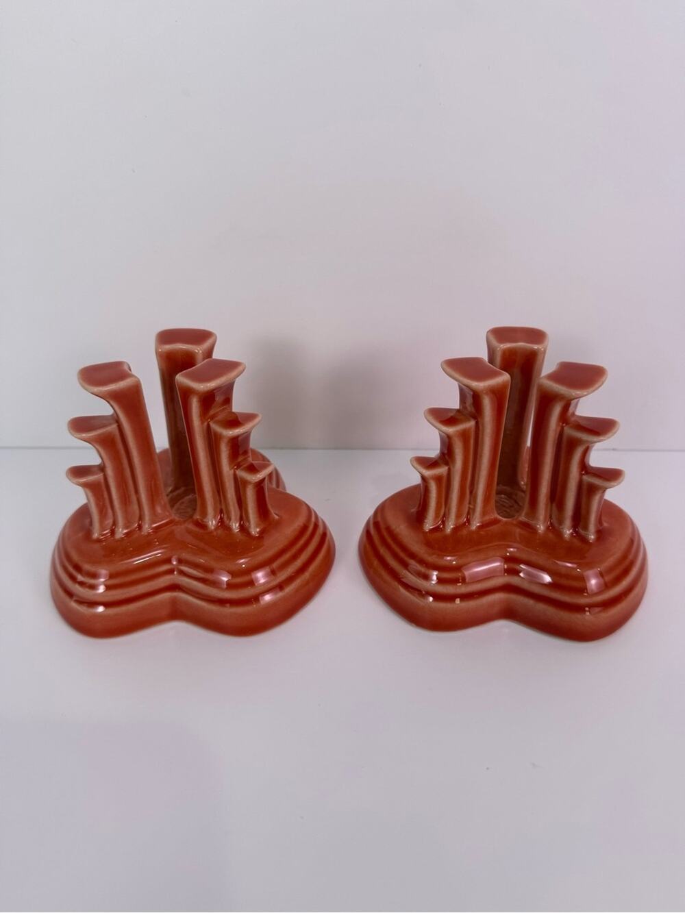 Fiesta Homer Laughlin Persimmon Pyramid Tripod Candle Holders Pair Retired